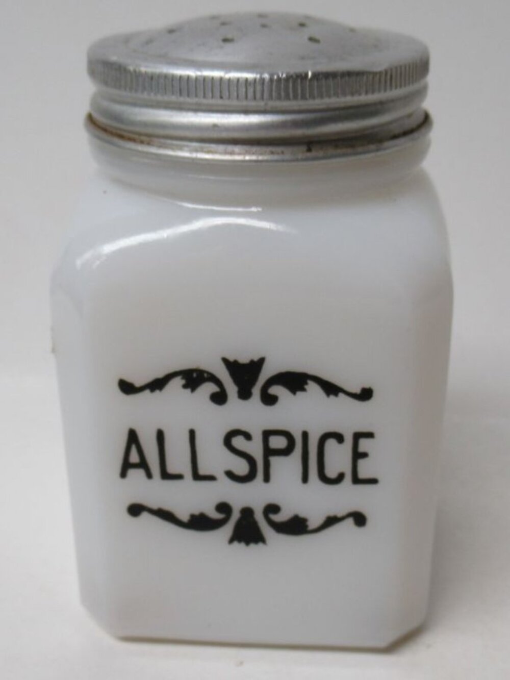 McKee Milk Glass Tipp City Black Scroll ALLSPICE 3 1/4 Inch High Shaker